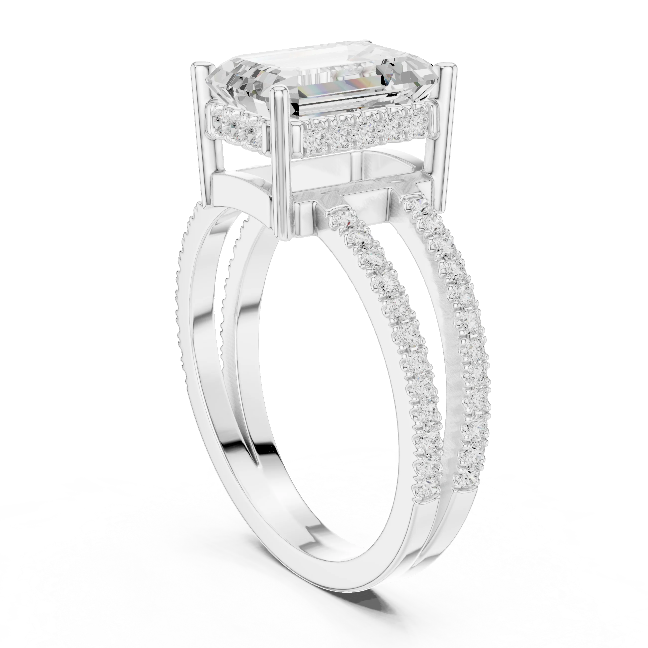 Emerald Cut Diamond Split Shank Engagement Ring