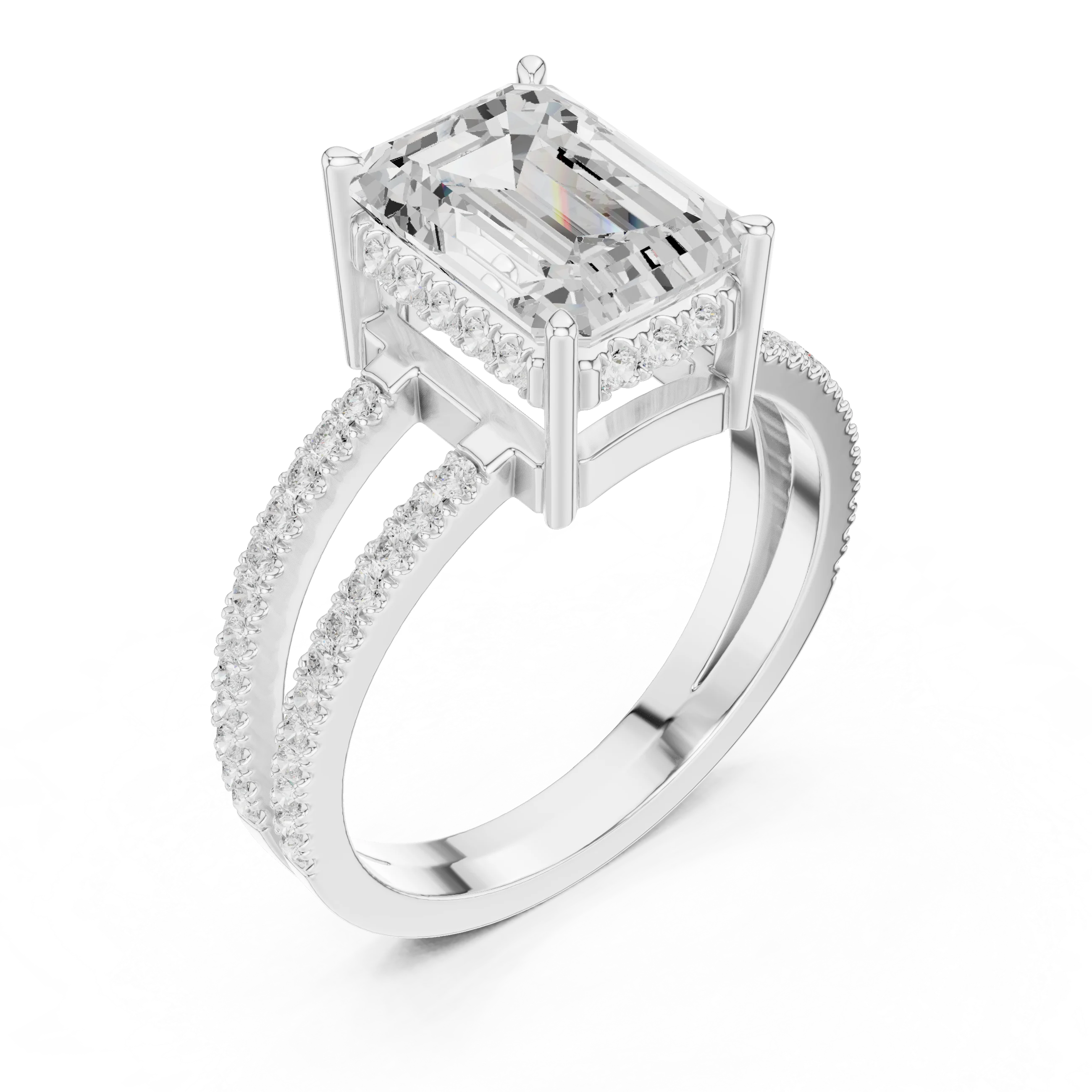 Emerald Cut Diamond Split Shank Engagement Ring