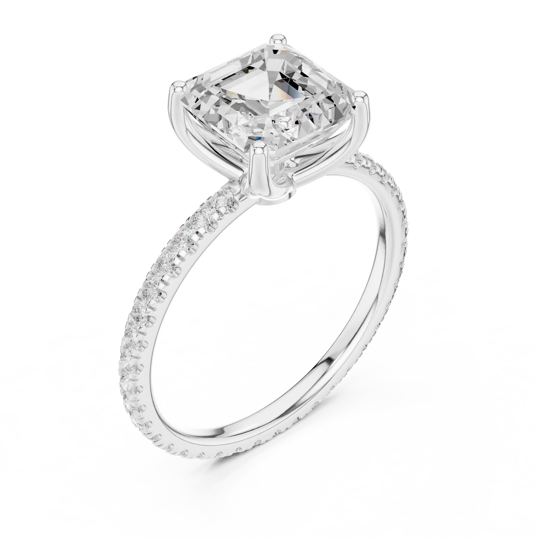 Asscher Shape Diamond Pave Band Engagement Ring