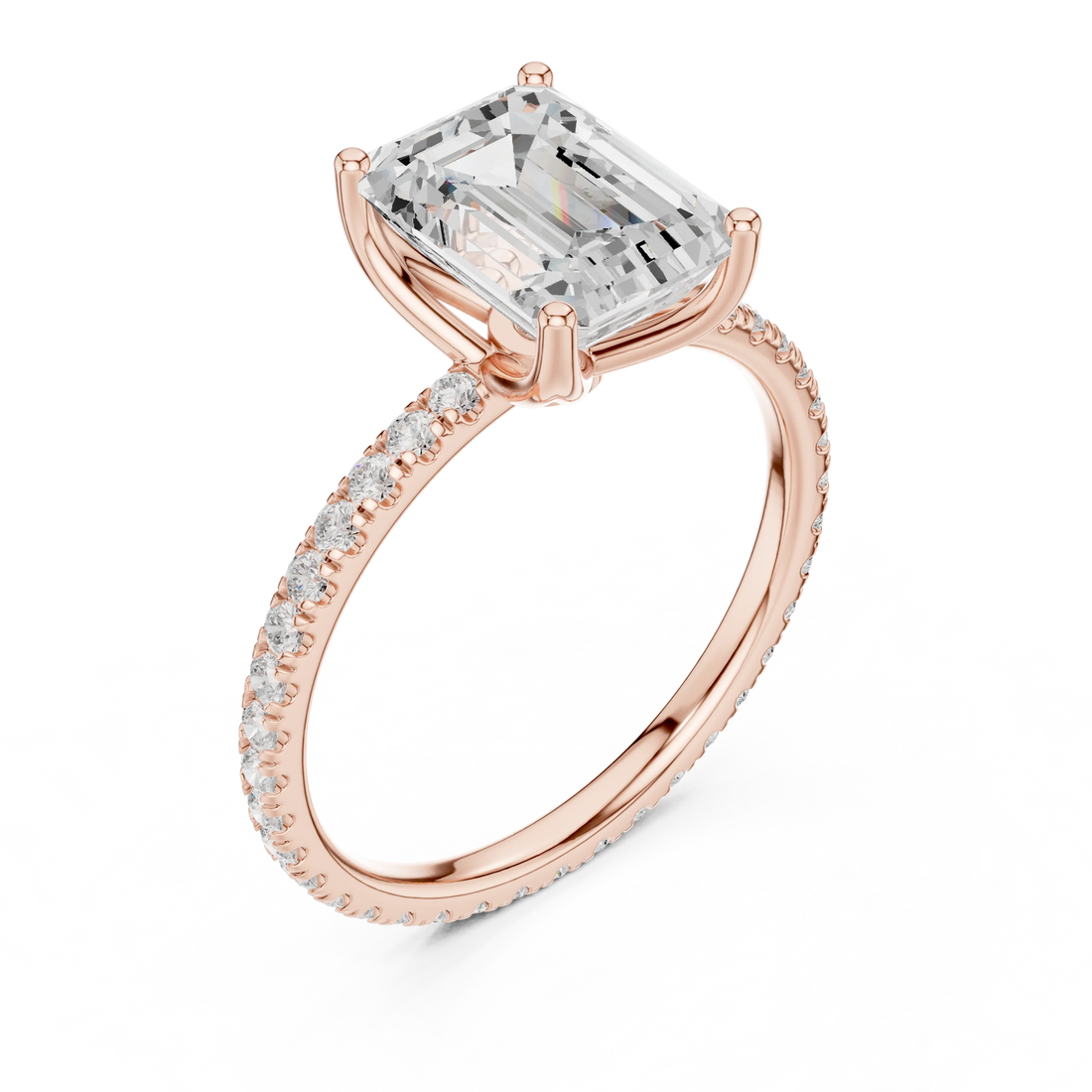 Emerald Shape Diamond Pave Band Engagement Ring