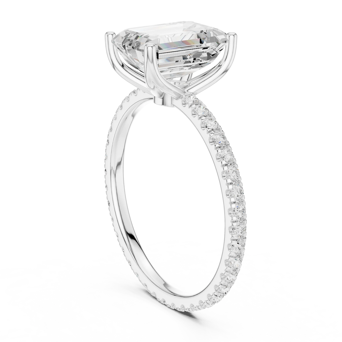 Emerald Shape Diamond Pave Band Engagement Ring