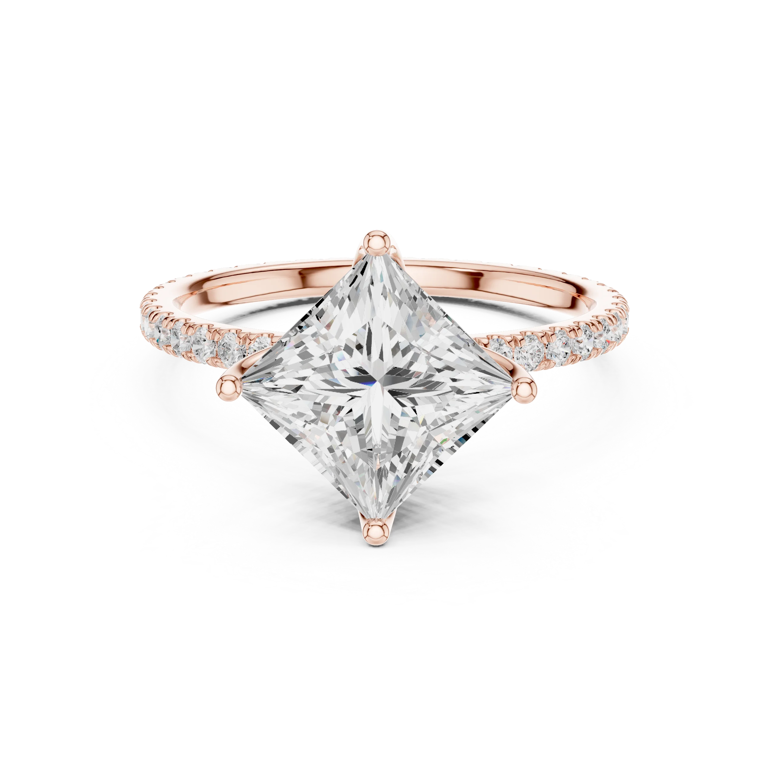 Princess Shape Diamond Pave Band Engagement Ring