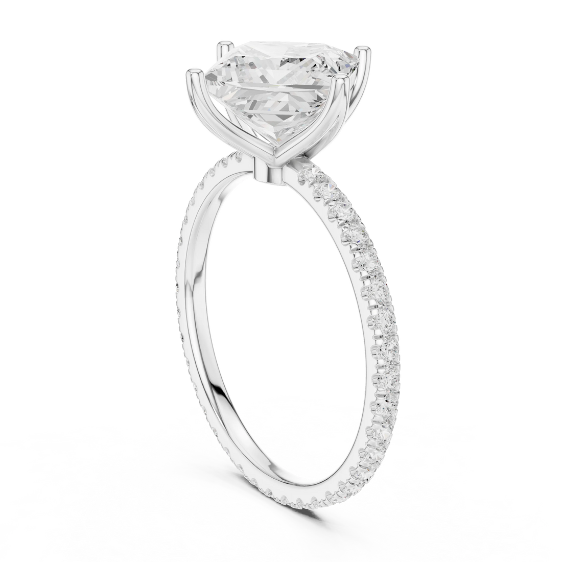 Princess Shape Diamond Pave Band Engagement Ring