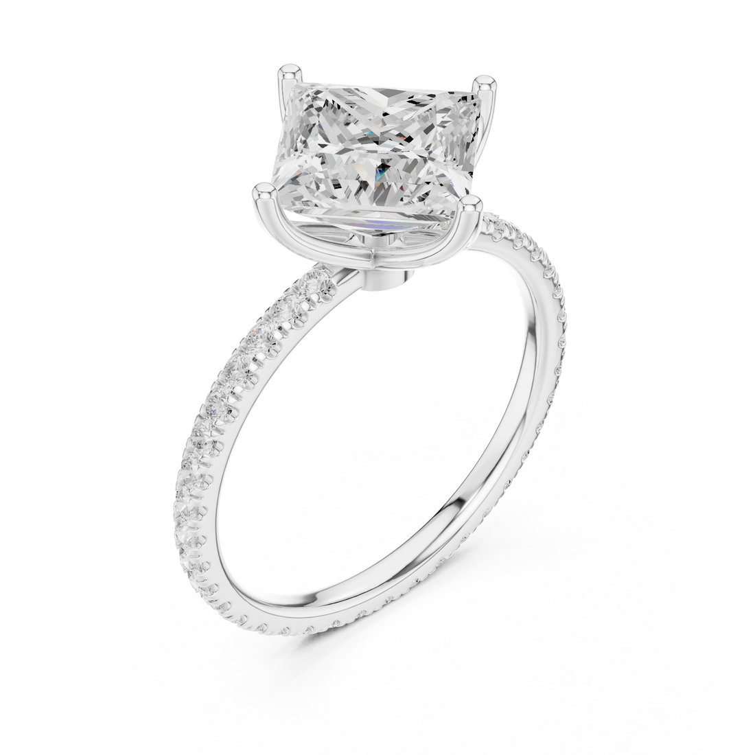 Princess Shape Diamond Pave Band Engagement Ring