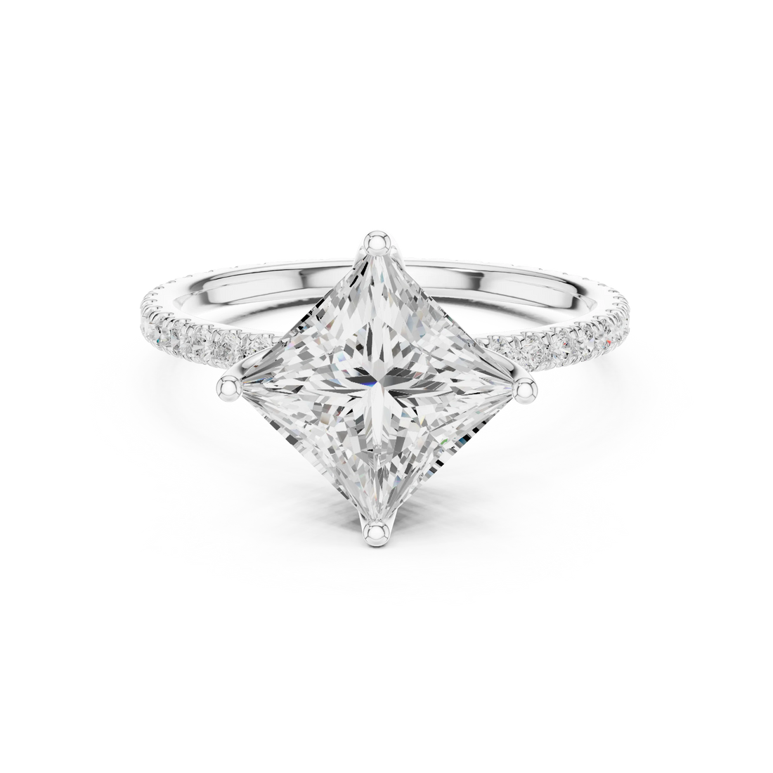Princess Shape Diamond Pave Band Engagement Ring
