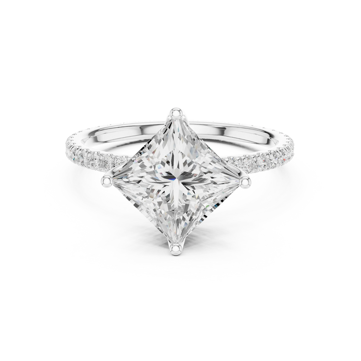 Princess Shape Diamond Pave Band Engagement Ring