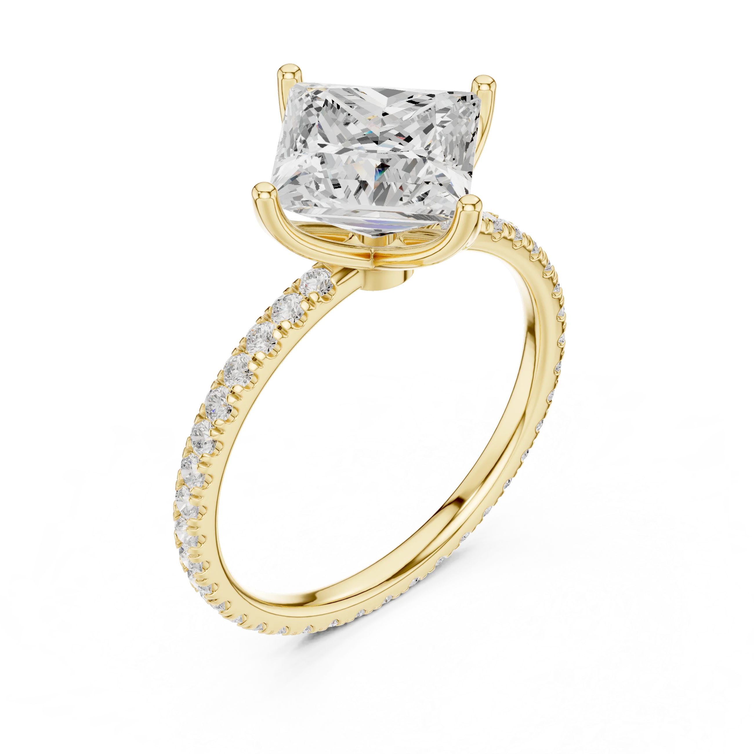Princess Shape Diamond Pave Band Engagement Ring