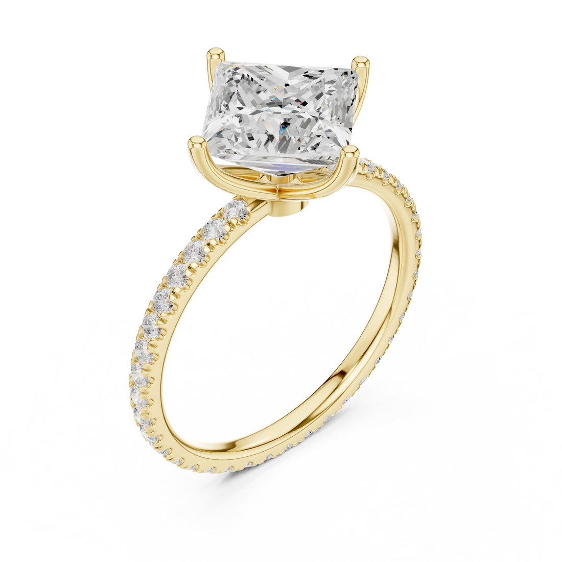 Princess Shape Diamond Pave Band Engagement Ring