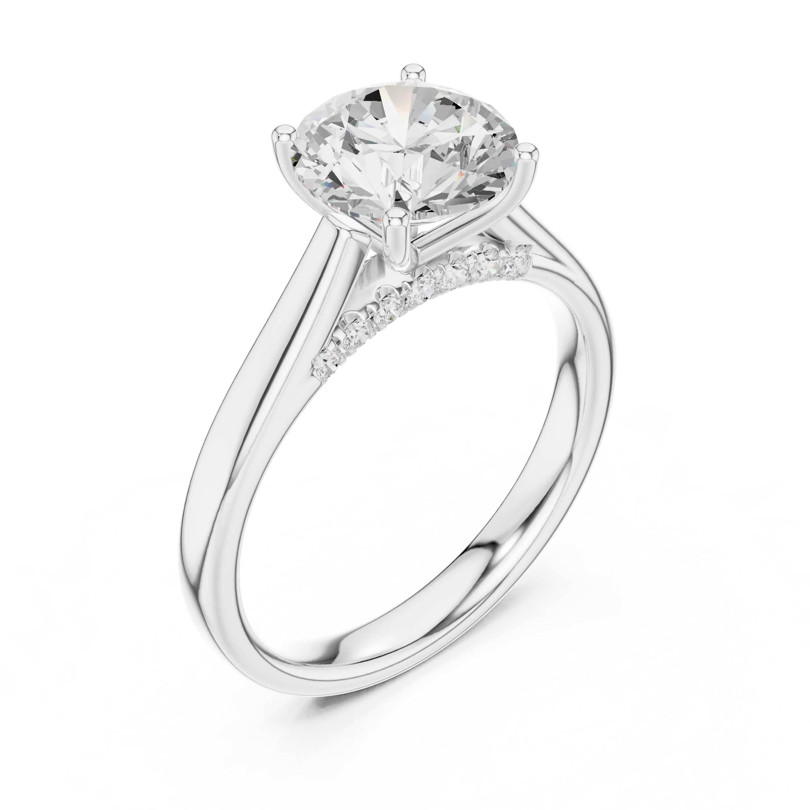 Round Cut Diamond Cathedral Pave Engagement Ring