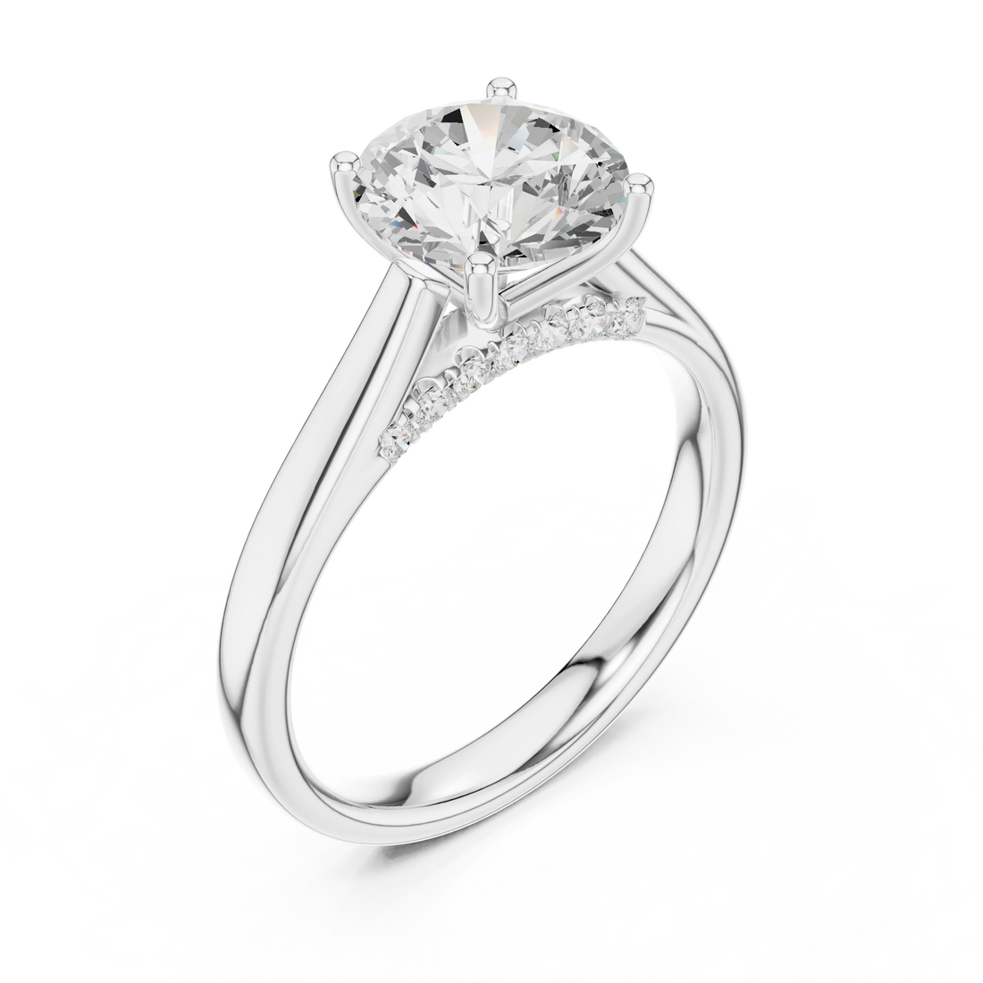Round Cut Diamond Cathedral Pave Engagement Ring