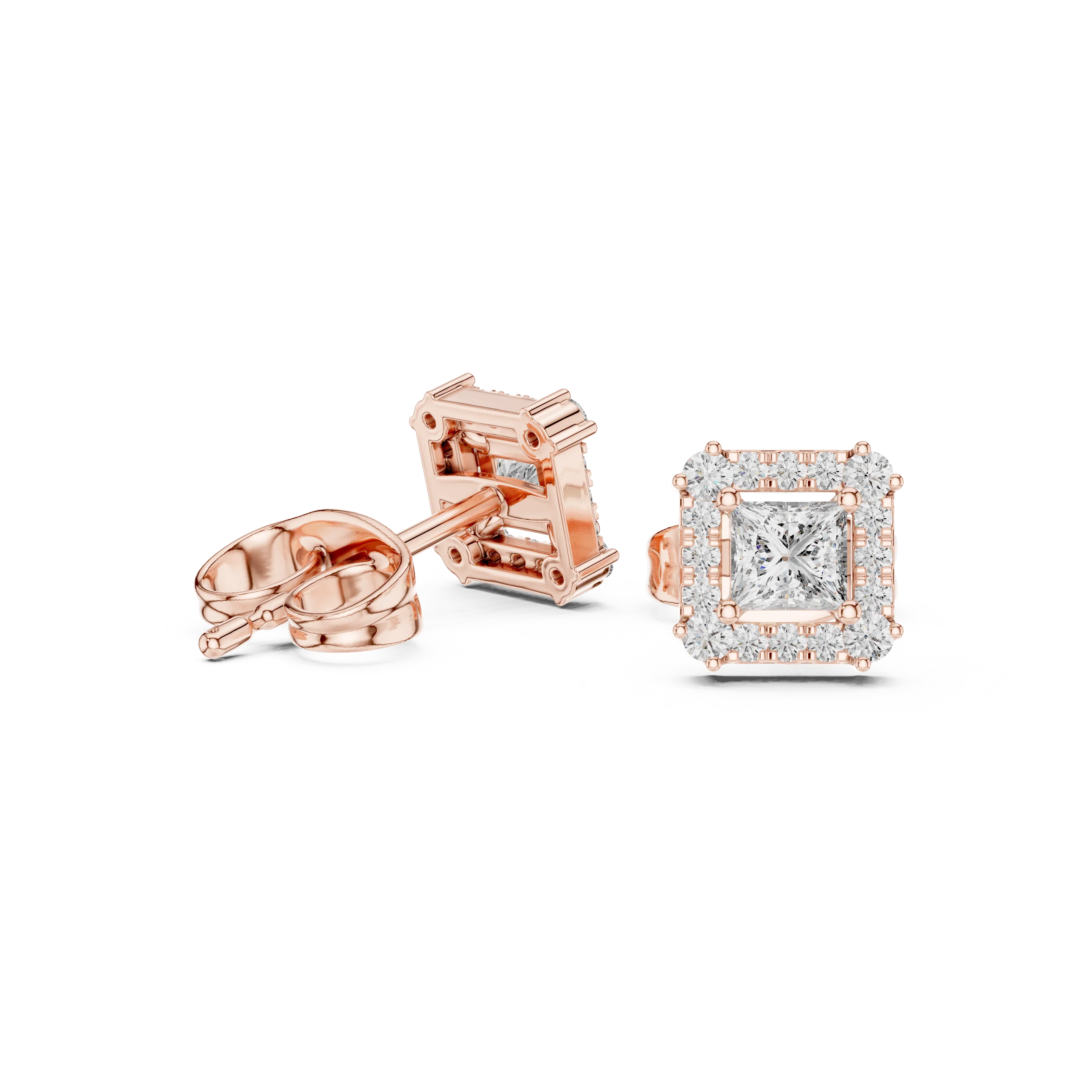 Royal Square Halo Diamond Stud Earrings