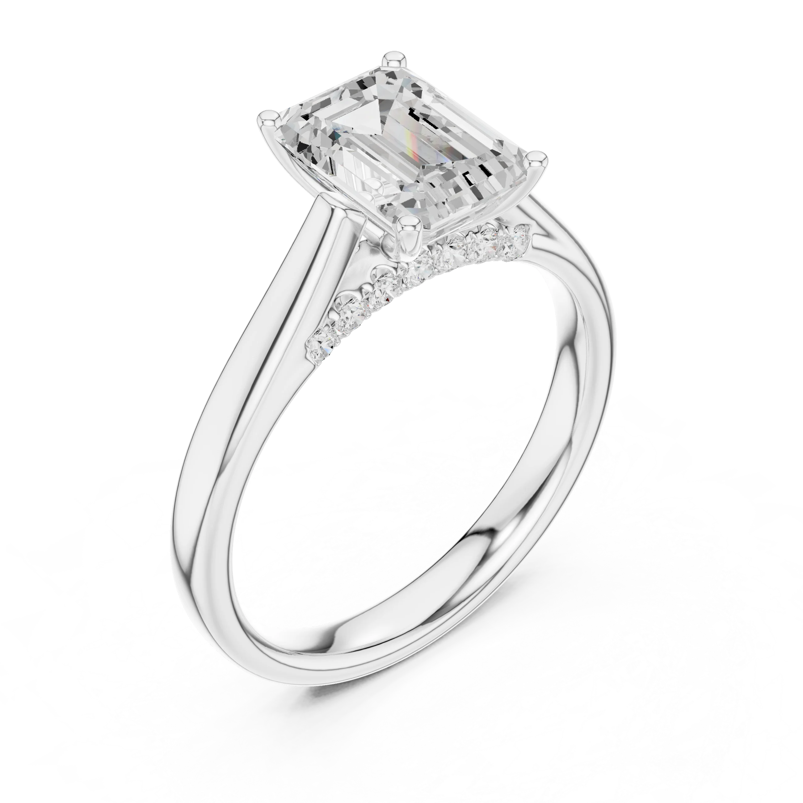 Emerald Cut Diamond Cathedral Pave Engagement Ring