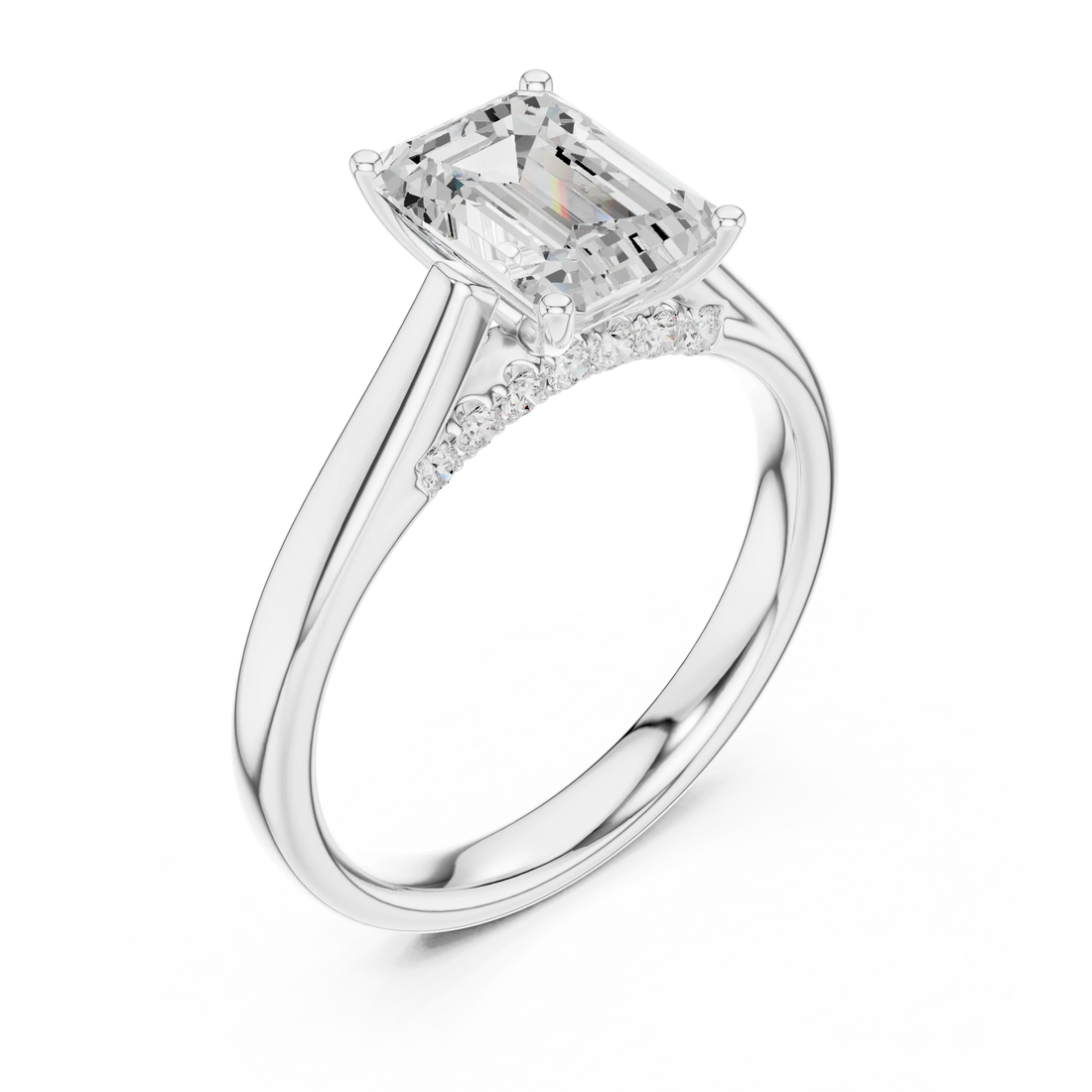 Emerald Cut Diamond Cathedral Pave Engagement Ring