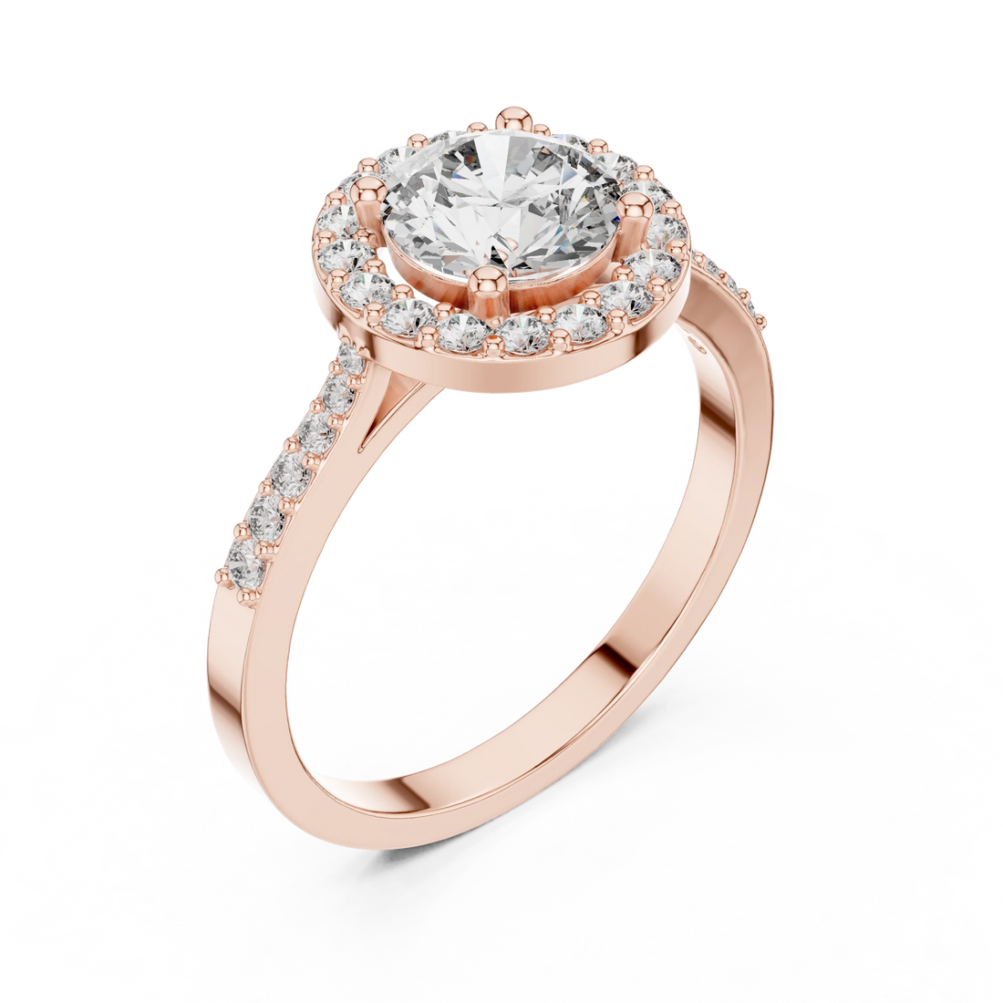 Round Diamond Double Halo Engagement Ring with Pave Band