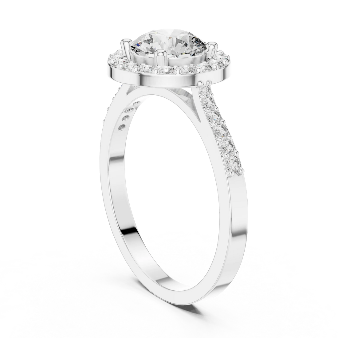 Round Diamond Double Halo Engagement Ring with Pave Band