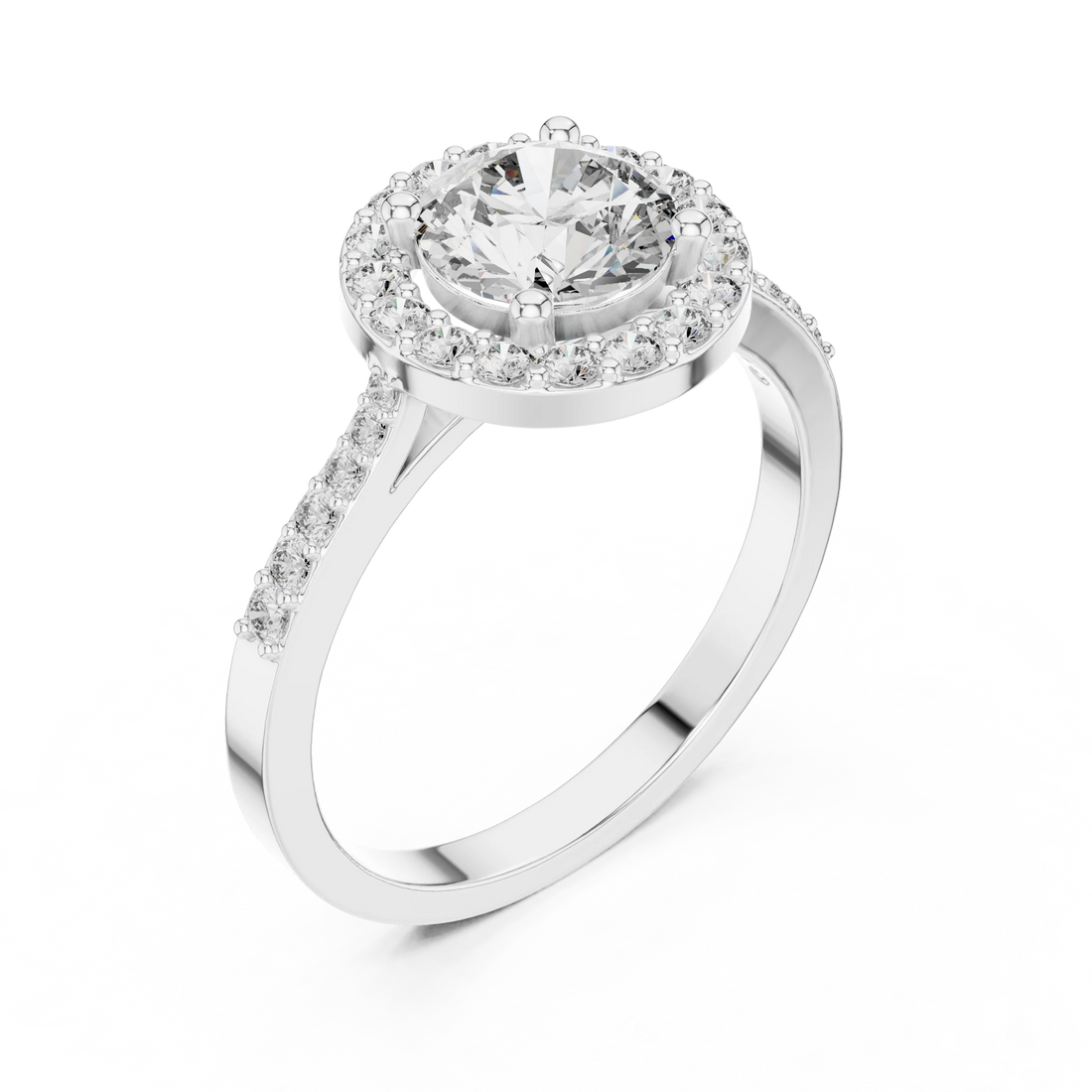Round Diamond Double Halo Engagement Ring with Pave Band