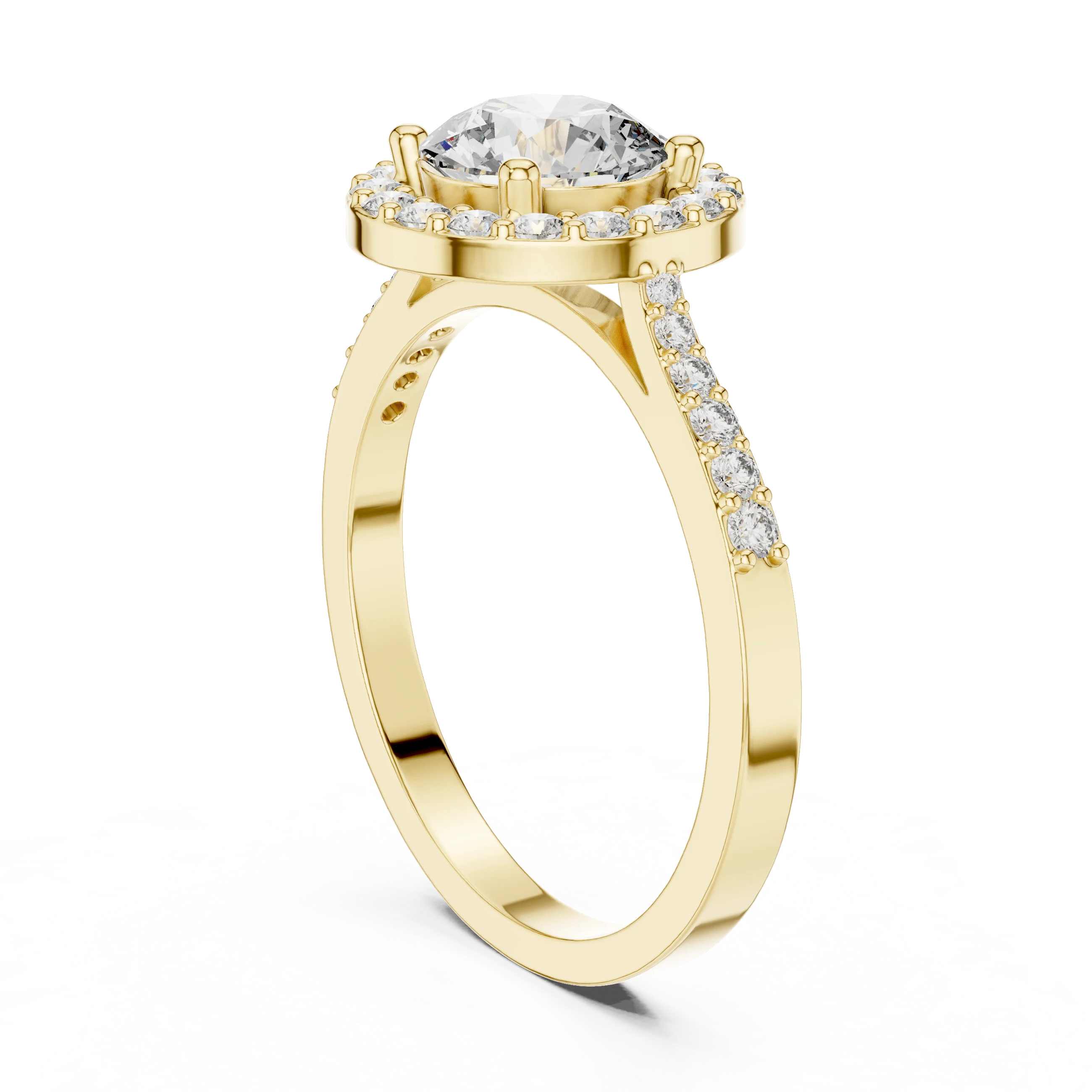 Round Diamond Double Halo Engagement Ring with Pave Band
