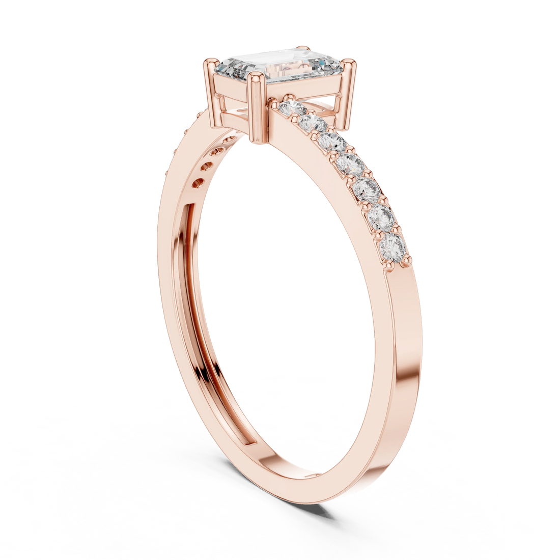 Emerald Cut Solitaire Diamond Ring with Pave Band