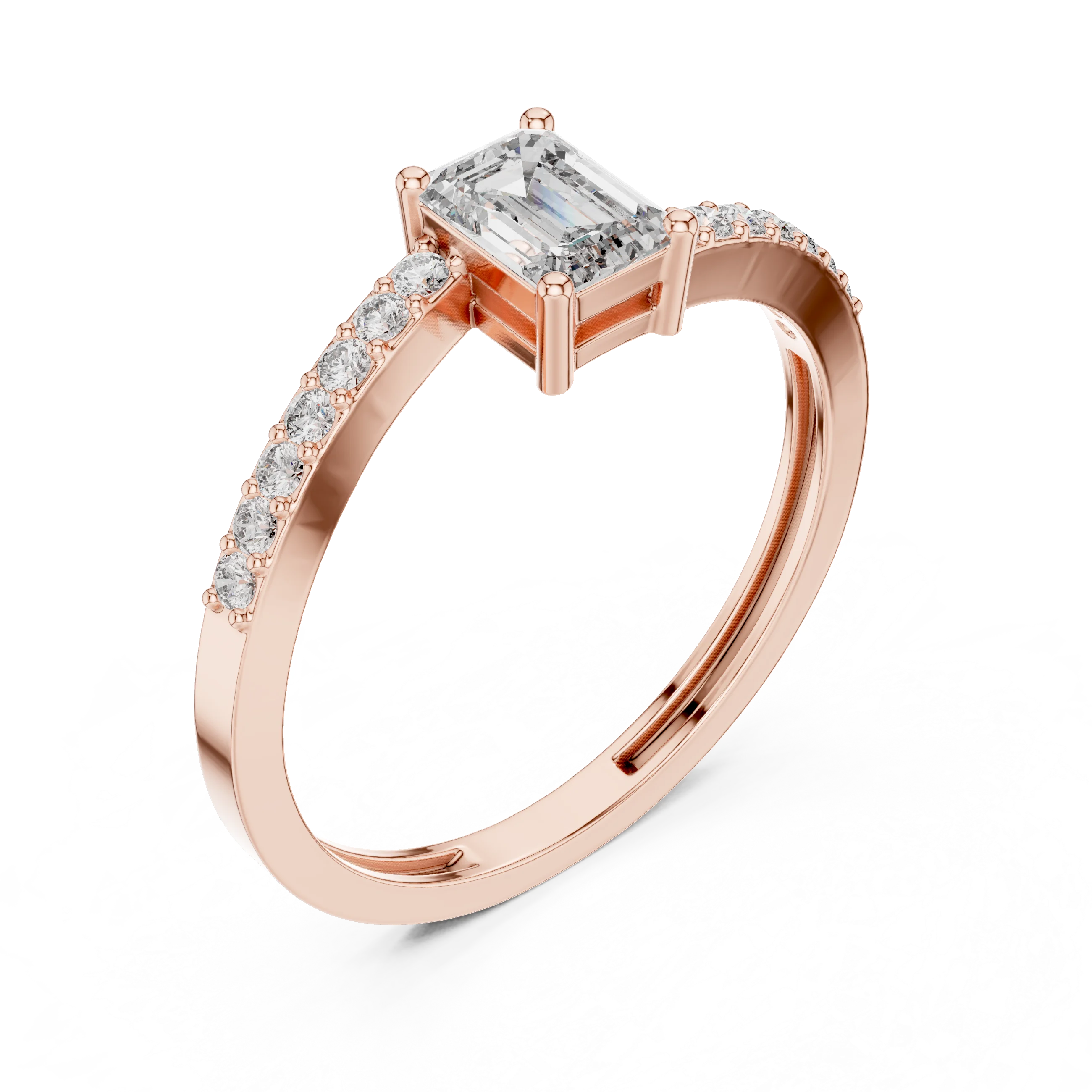 Emerald Cut Solitaire Diamond Ring with Pave Band