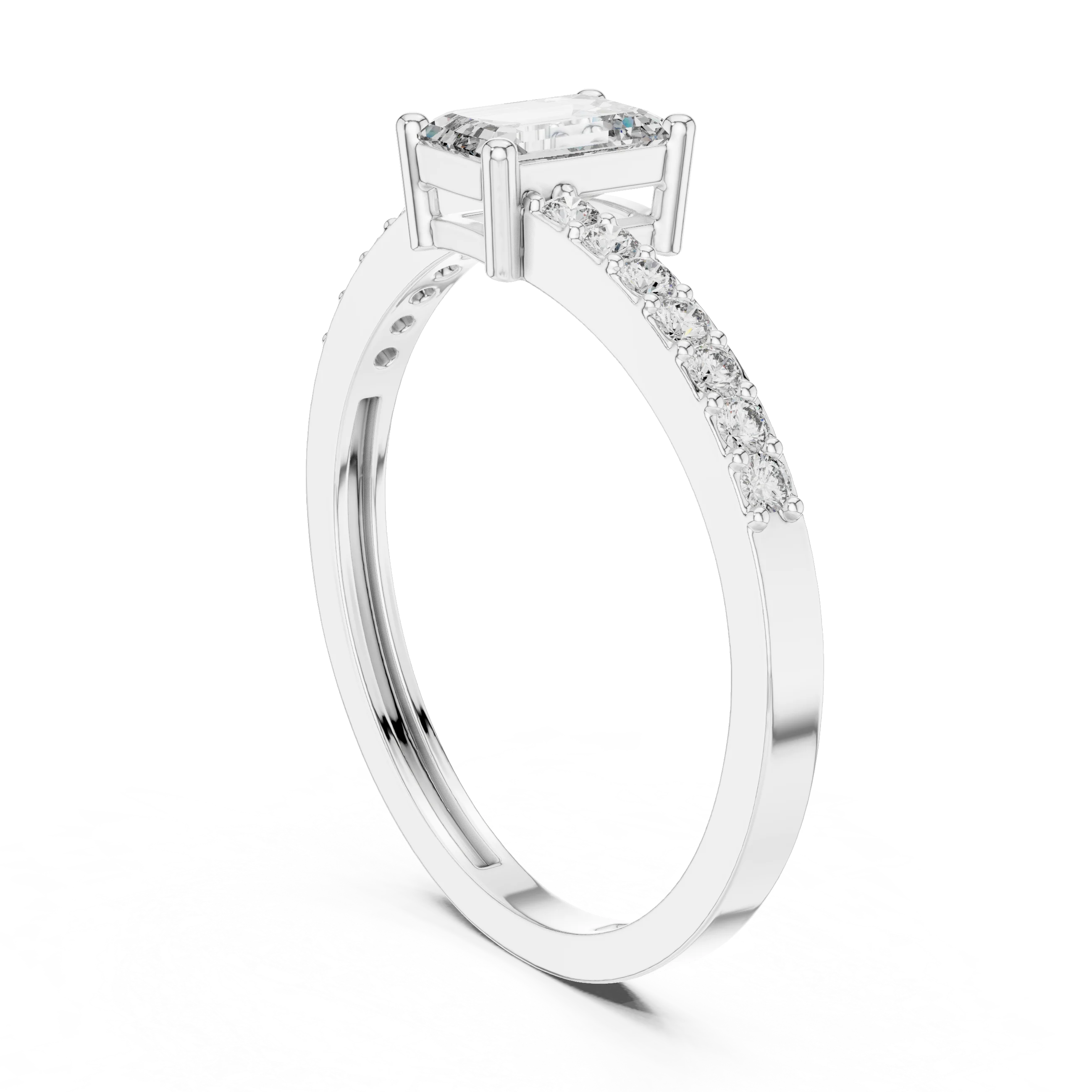 Emerald Cut Solitaire Diamond Ring with Pave Band
