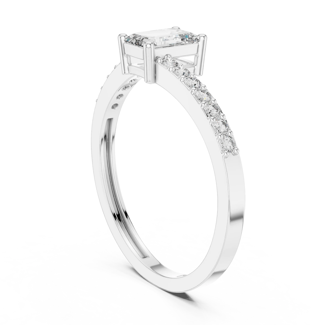 Emerald Cut Solitaire Diamond Ring with Pave Band