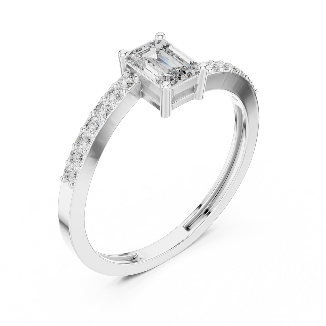 Emerald Cut Solitaire Diamond Ring with Pave Band