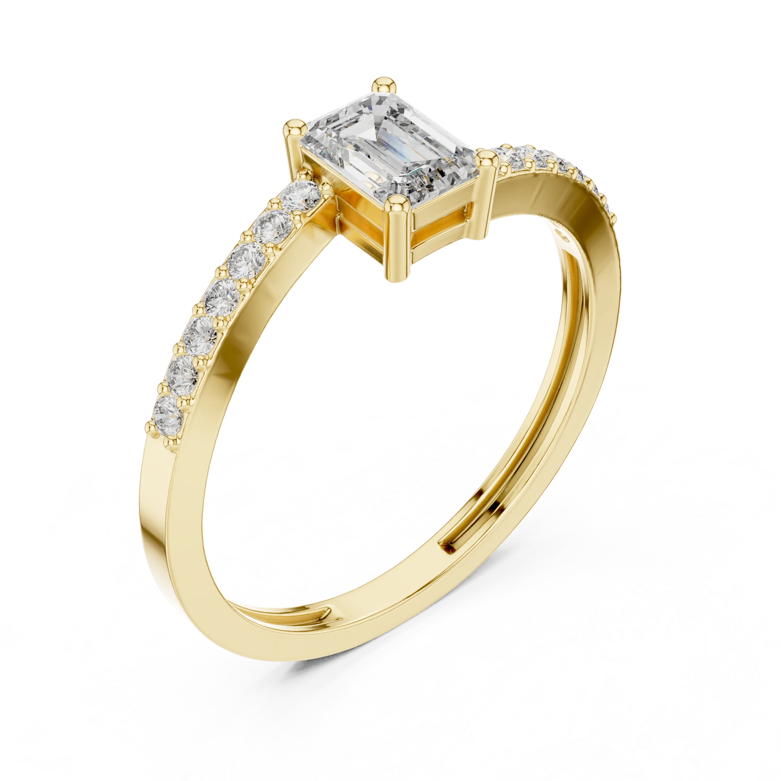 Emerald Cut Solitaire Diamond Ring with Pave Band