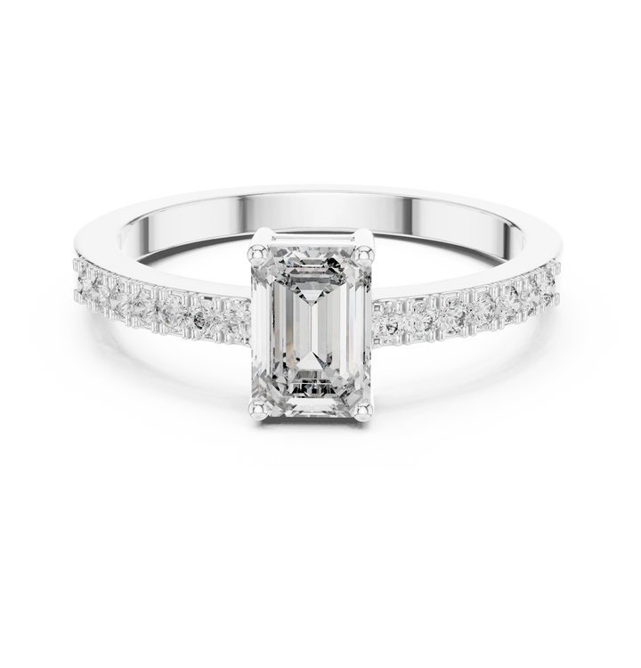 Emerald Cut Diamond Solitaire Engagement Ring with Pave Band