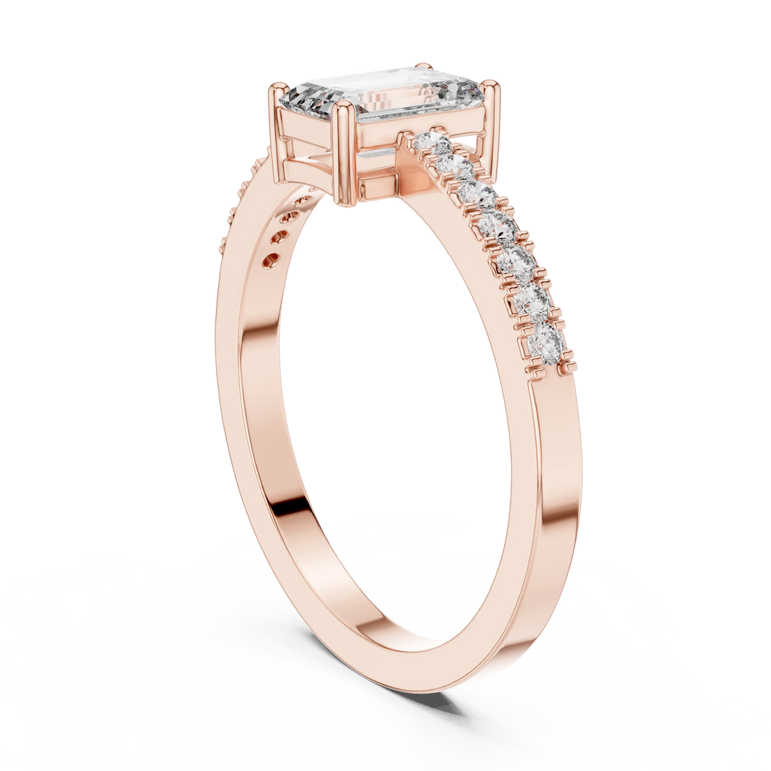 Emerald Cut Diamond Solitaire Engagement Ring with Pave Band