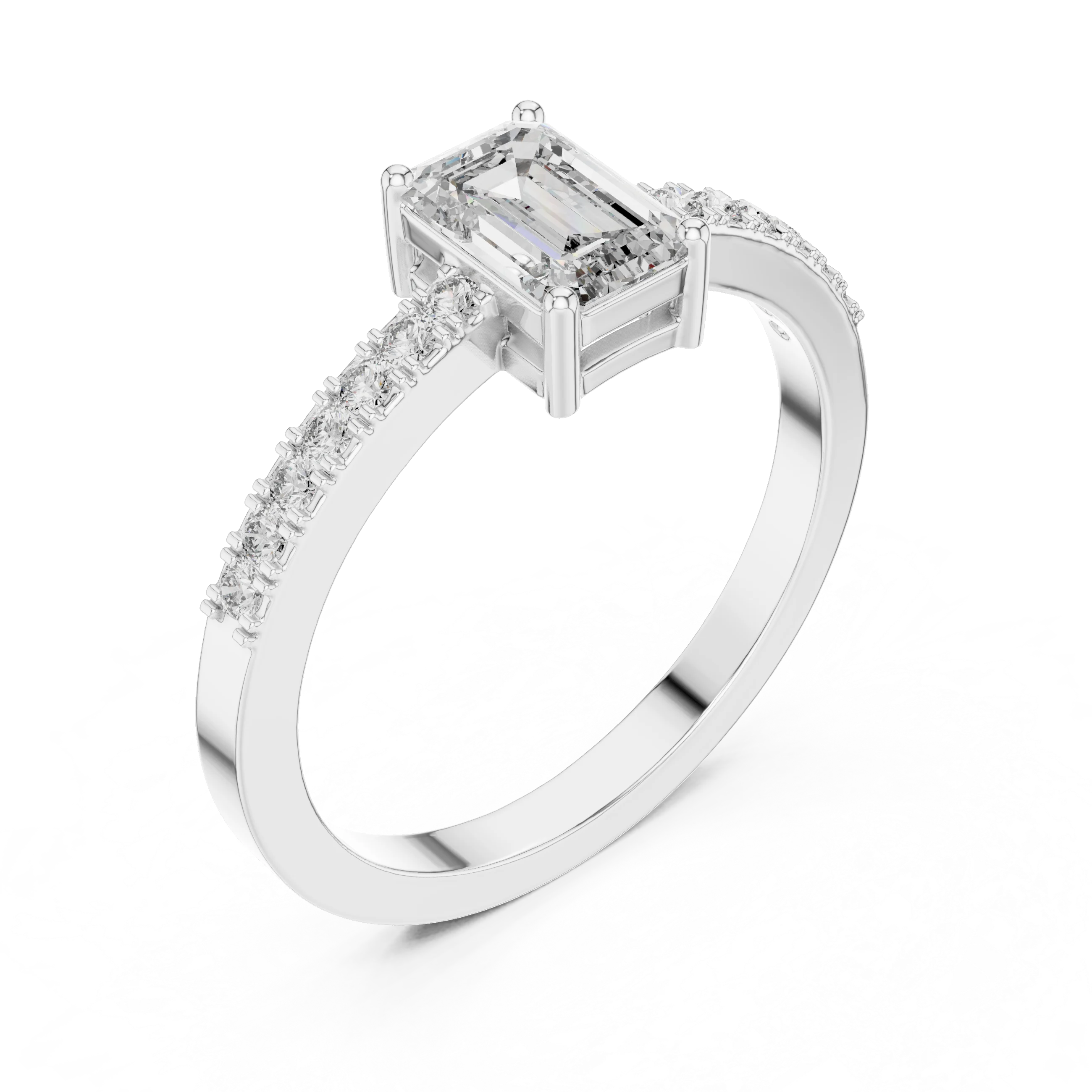 Emerald Cut Diamond Solitaire Engagement Ring with Pave Band