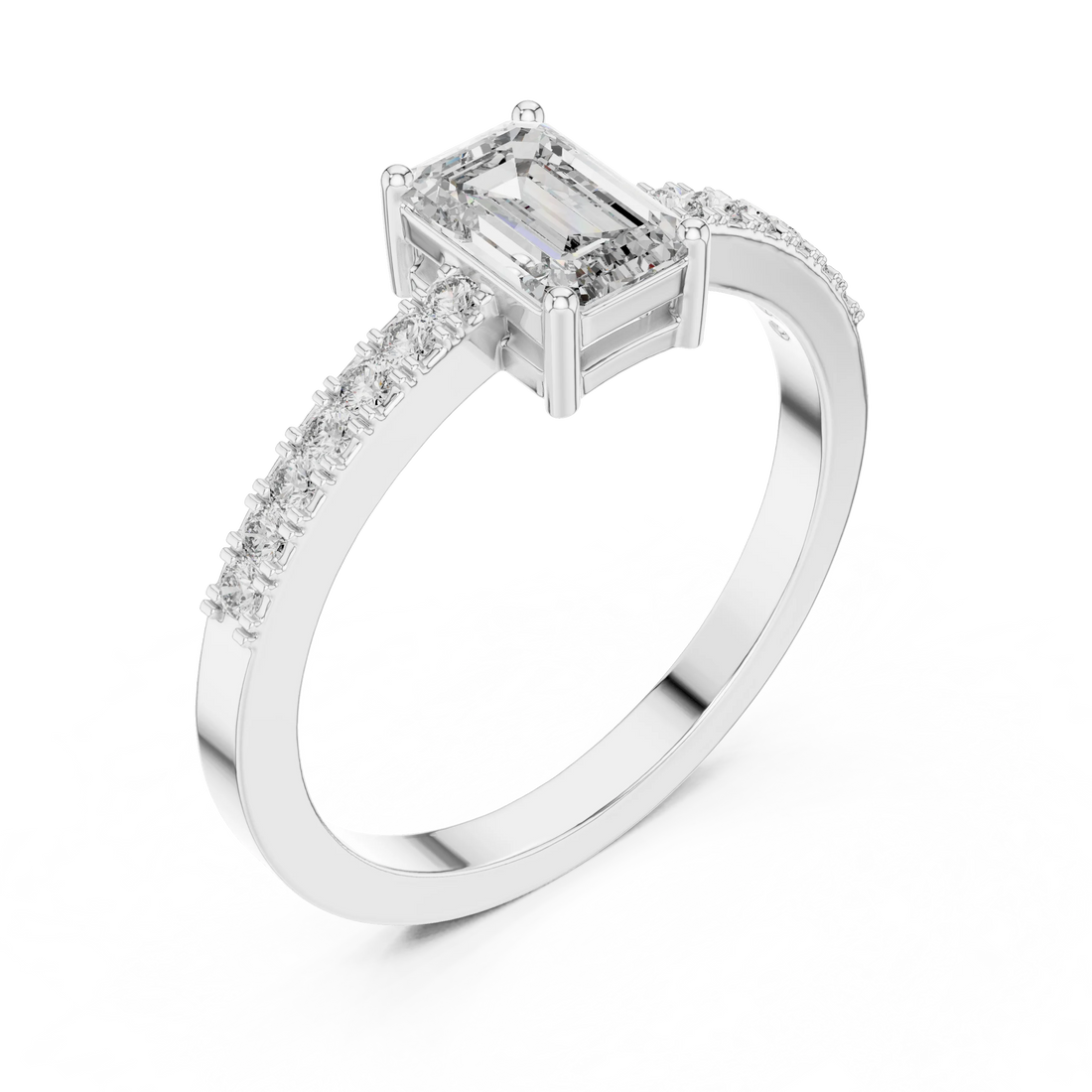 Emerald Cut Diamond Solitaire Engagement Ring with Pave Band
