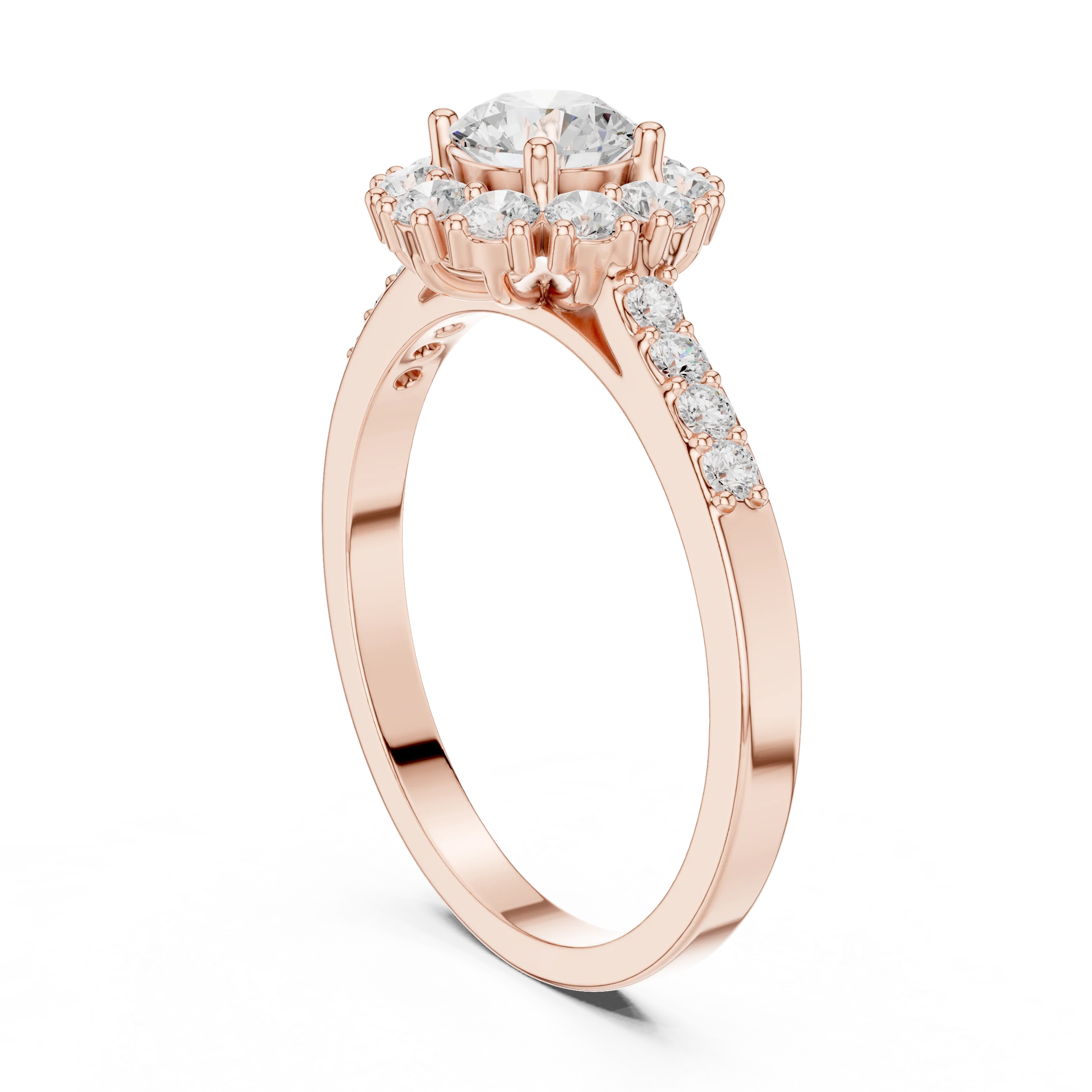Round Diamond Halo Engagement Ring with Pave Band