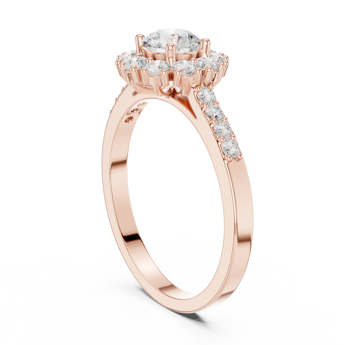 Round Diamond Halo Engagement Ring with Pave Band