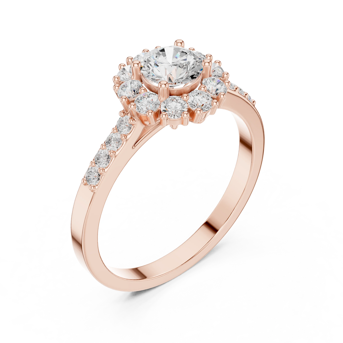 Round Diamond Halo Engagement Ring with Pave Band