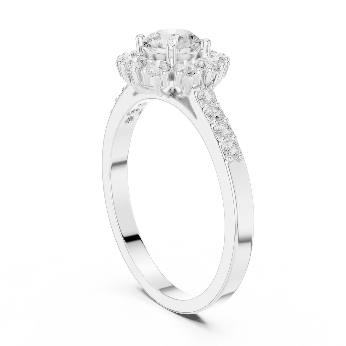 Round Diamond Halo Engagement Ring with Pave Band