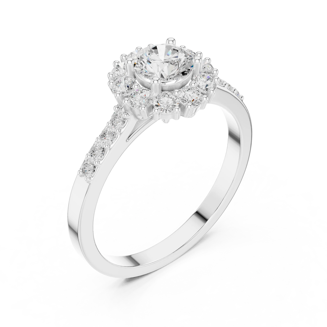 Round Diamond Halo Engagement Ring with Pave Band