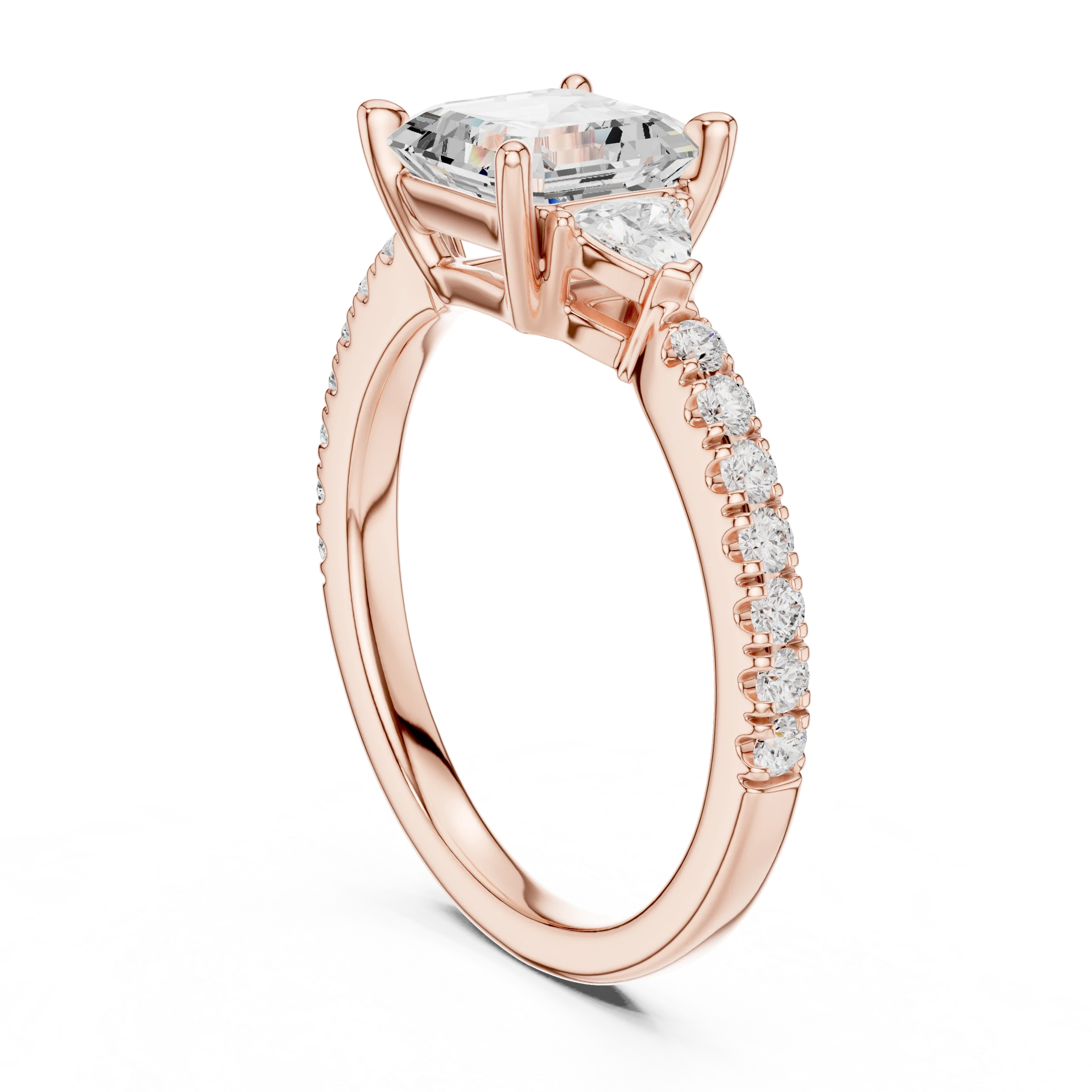 Asscher Cut Diamond Three-Stone Engagement Ring with Pave Band