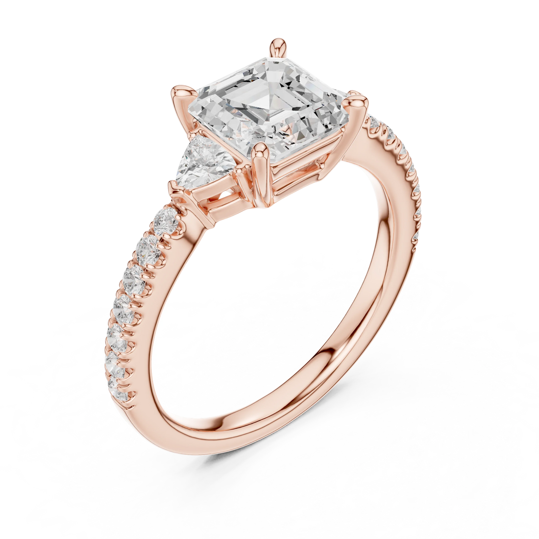 Asscher Cut Diamond Three-Stone Engagement Ring with Pave Band