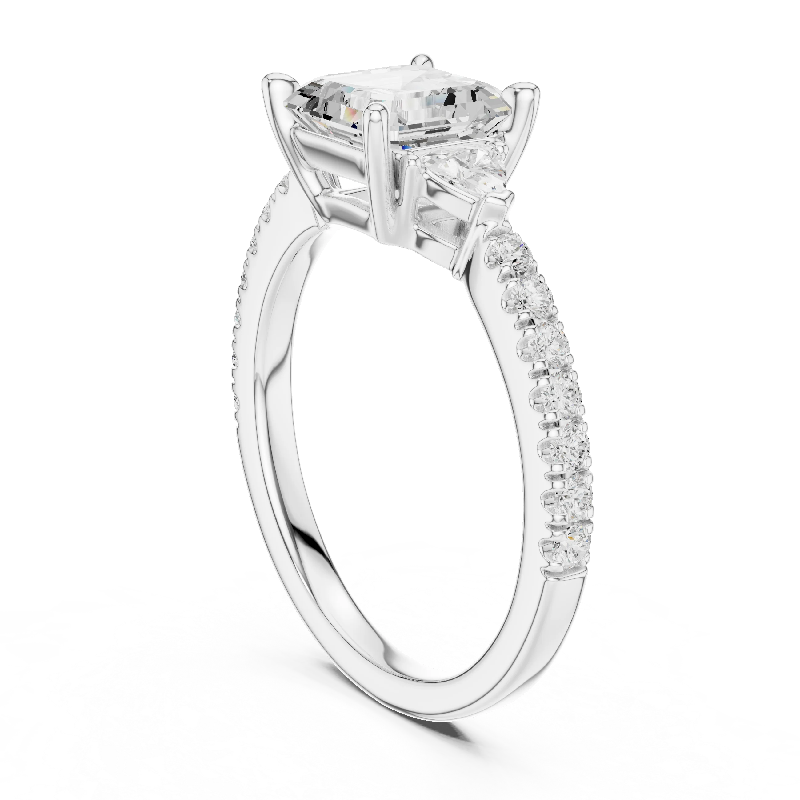 Asscher Cut Diamond Three-Stone Engagement Ring with Pave Band