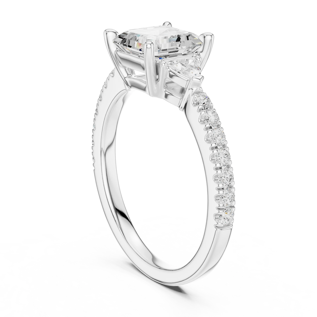 Asscher Cut Diamond Three-Stone Engagement Ring with Pave Band