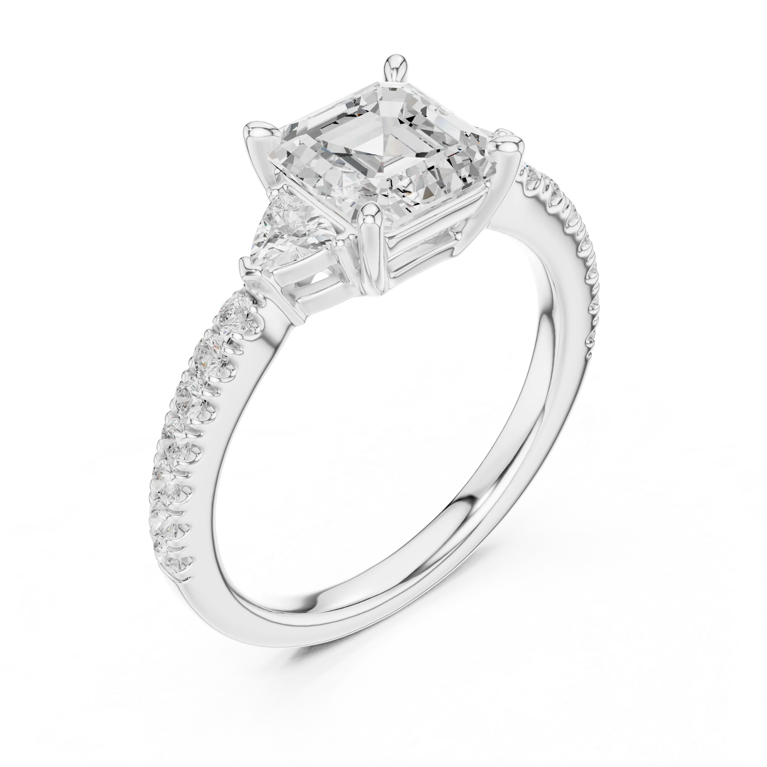 Asscher Cut Diamond Three-Stone Engagement Ring with Pave Band