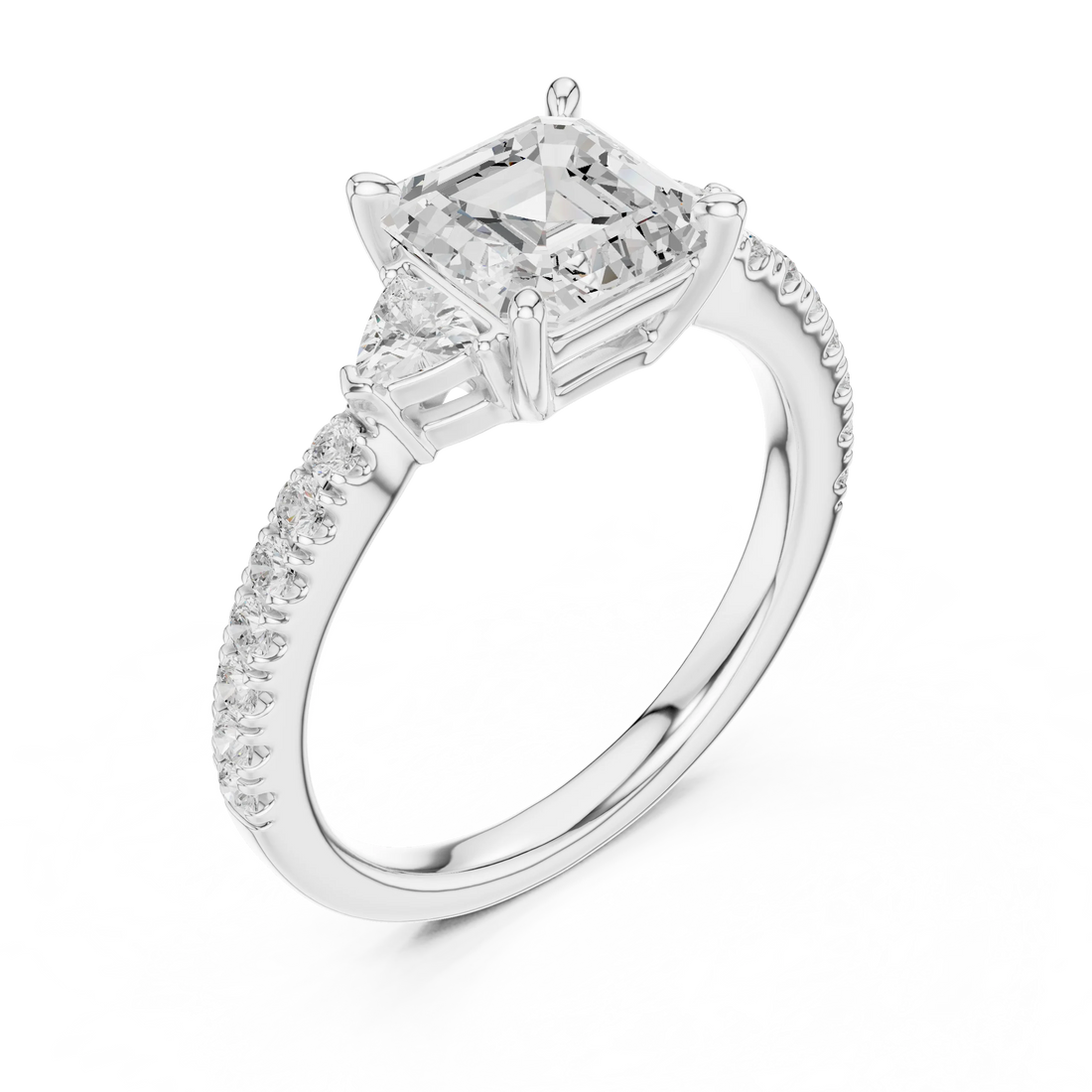 Asscher Cut Diamond Three-Stone Engagement Ring with Pave Band