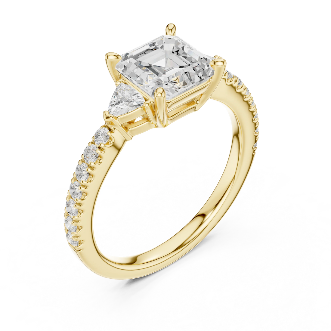 Asscher Cut Diamond Three-Stone Engagement Ring with Pave Band
