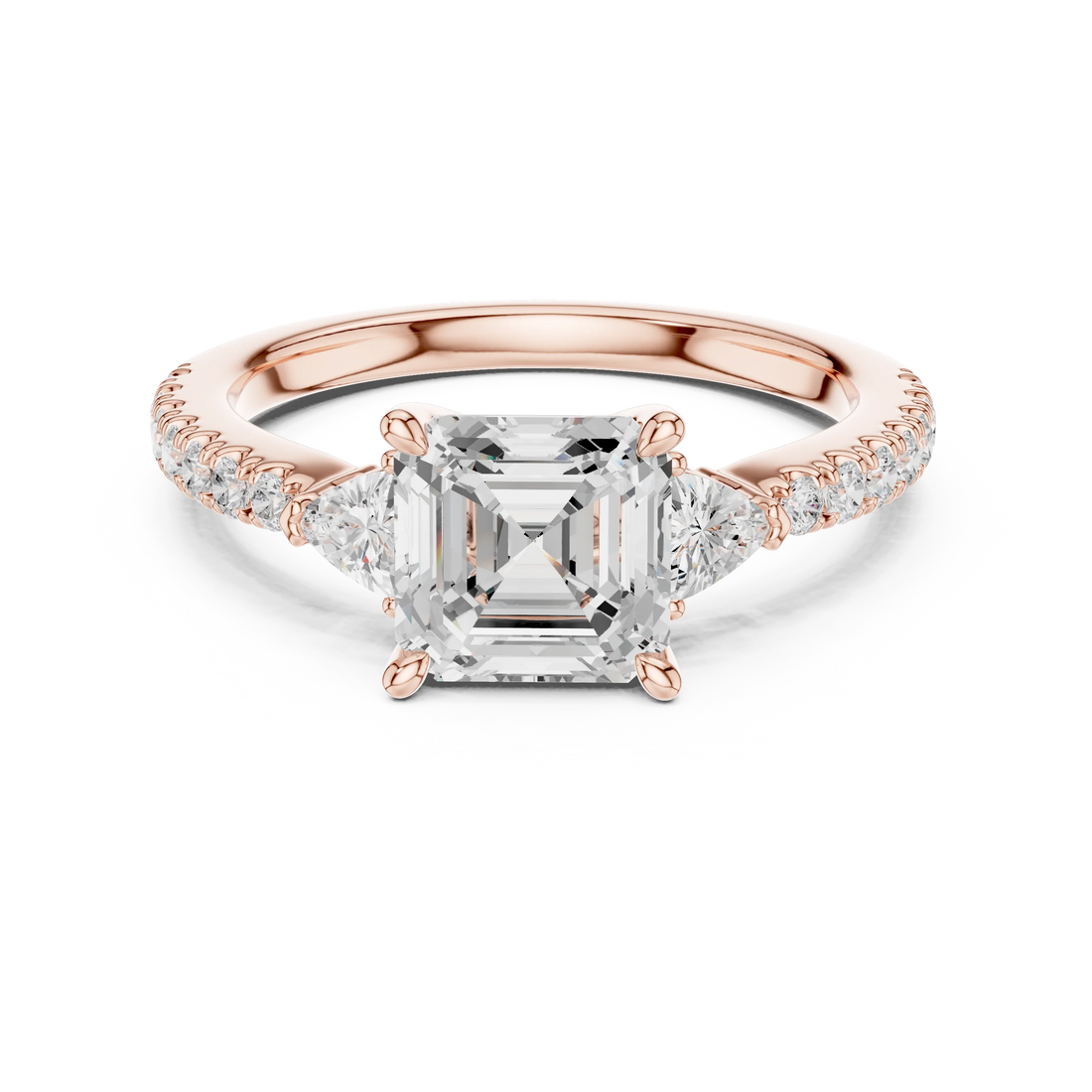 Asscher Cut Diamond Three-Stone Engagement Ring with Pave Band