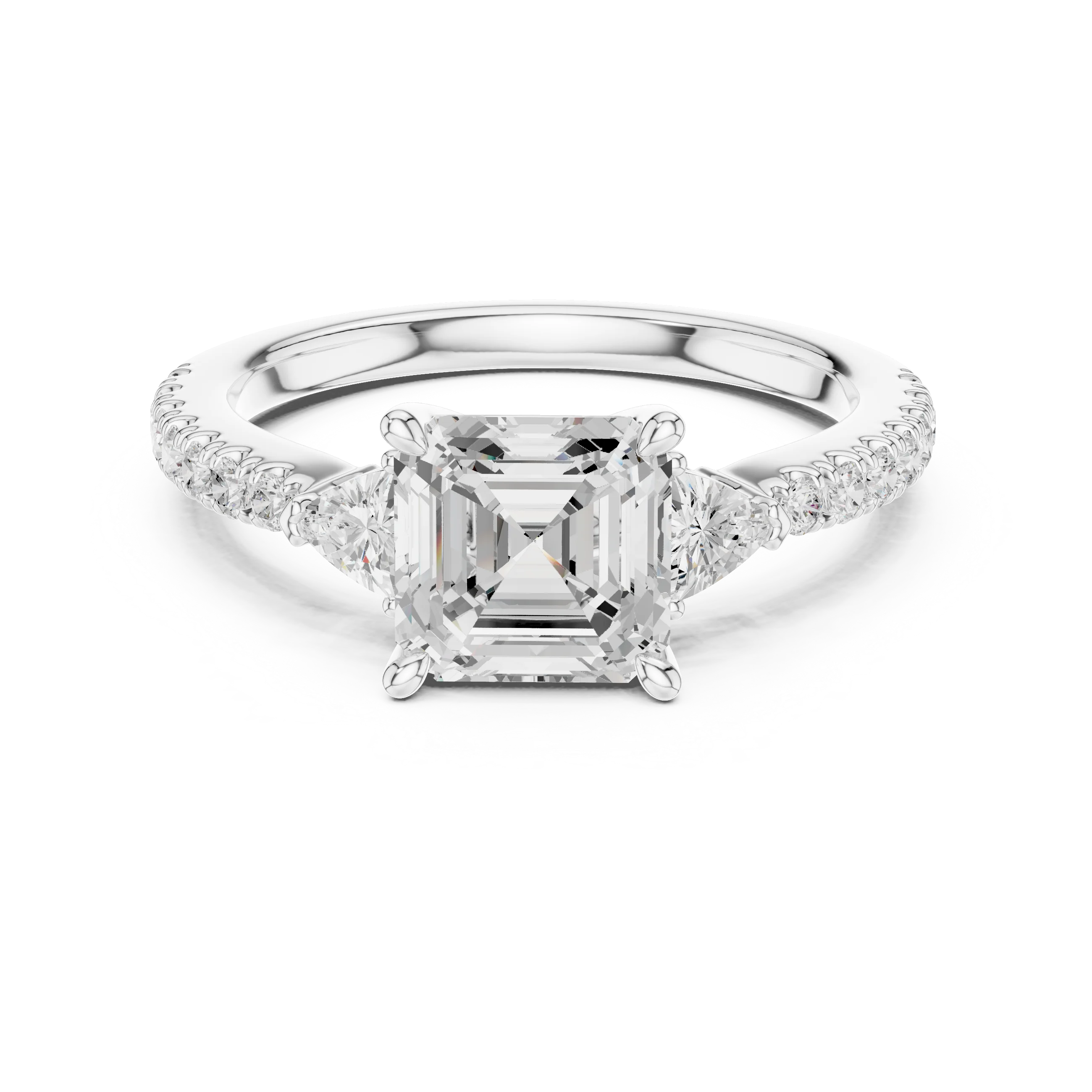 Asscher Cut Diamond Three-Stone Engagement Ring with Pave Band