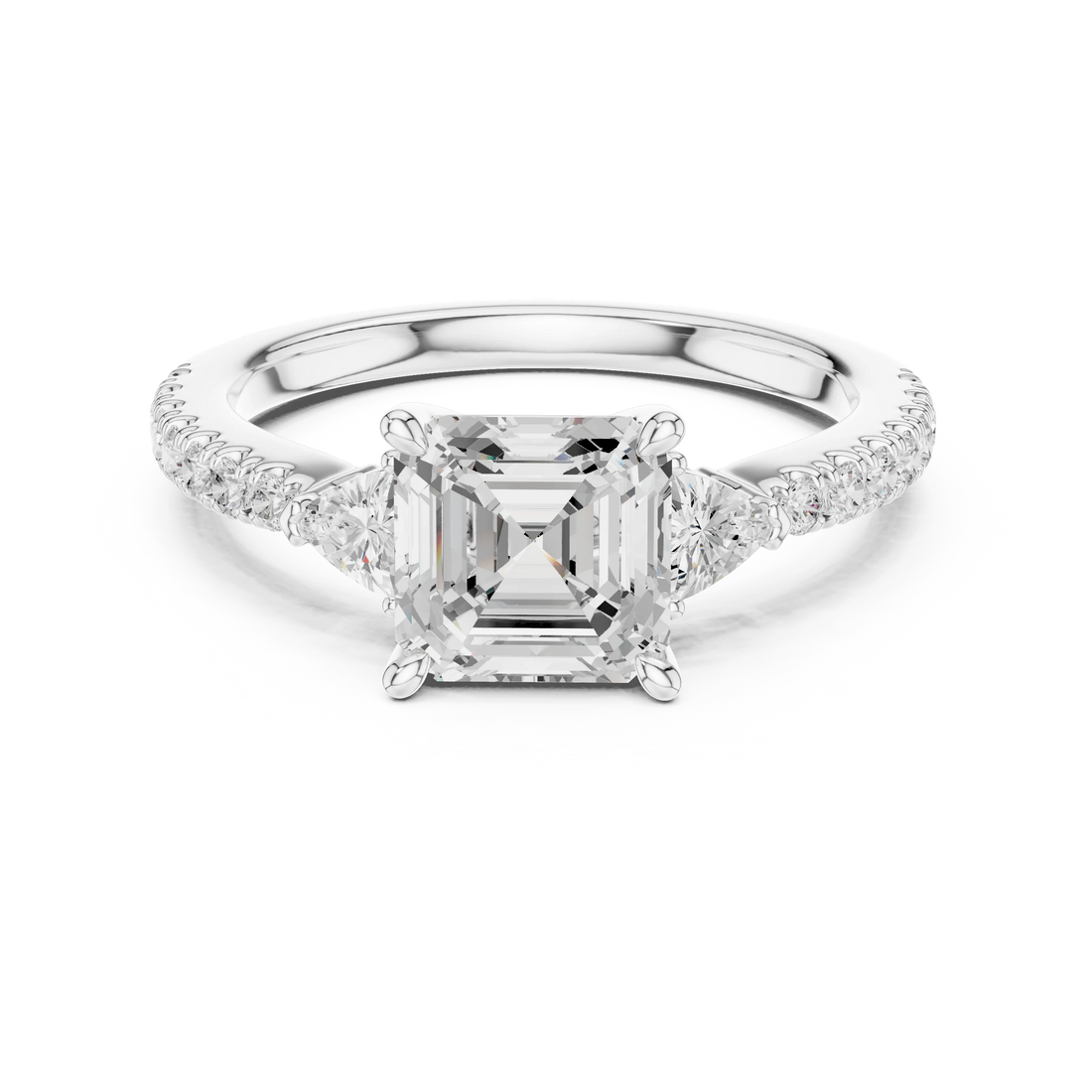 Asscher Cut Diamond Three-Stone Engagement Ring with Pave Band