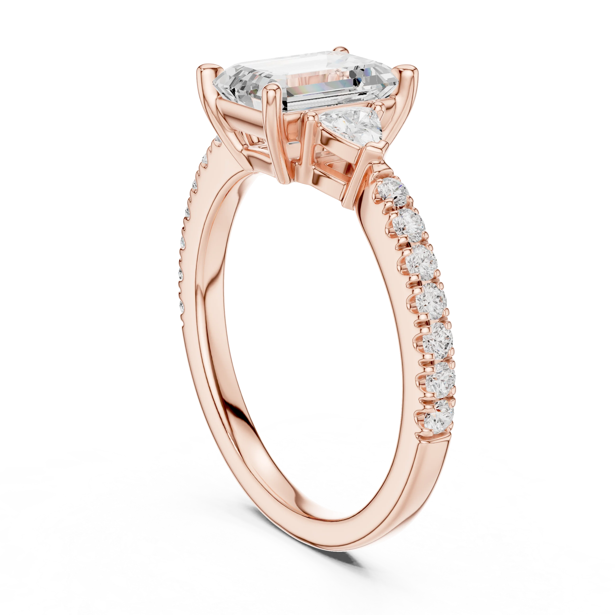 Emerald Cut Diamond Three-Stone Engagement Ring with Pave Band