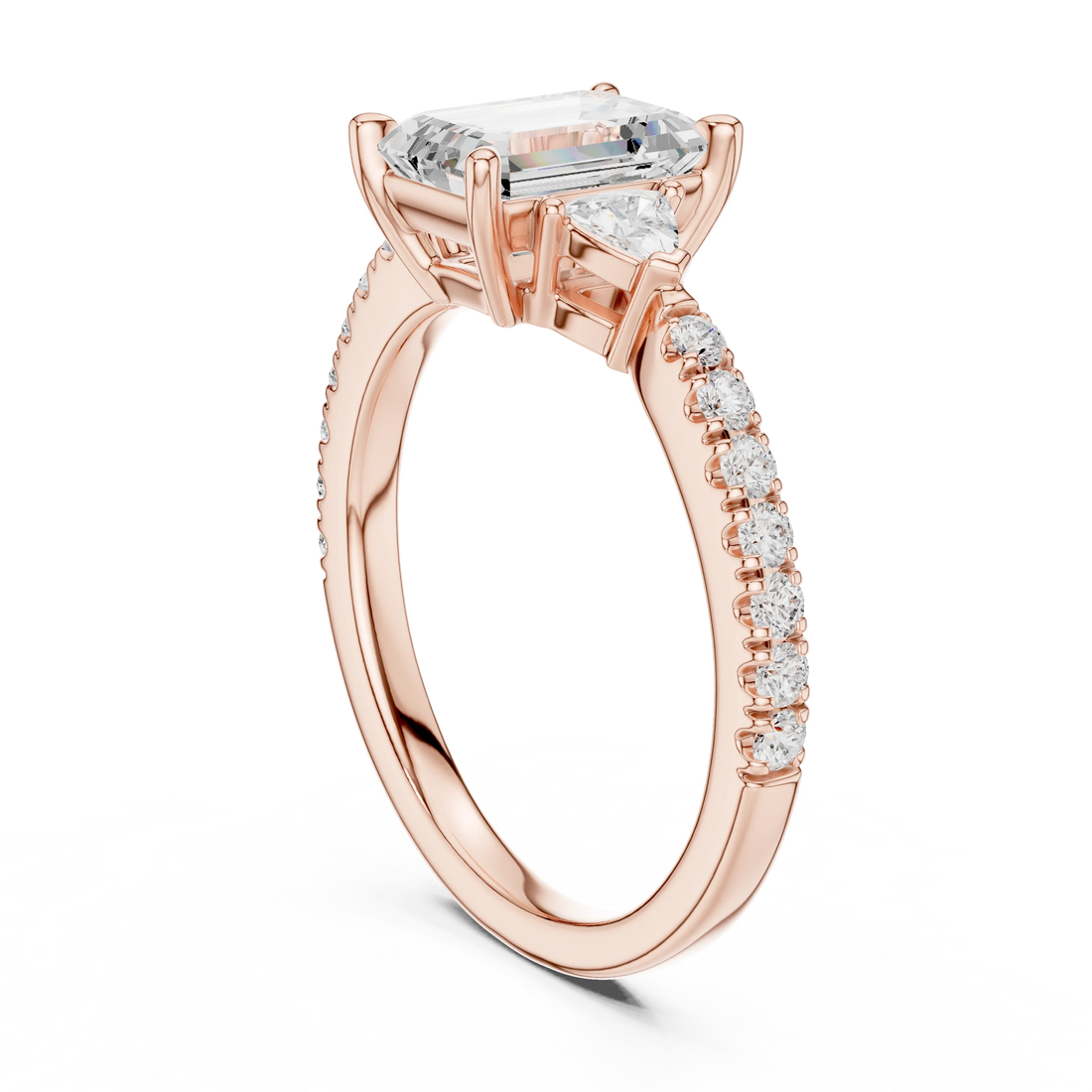 Emerald Cut Diamond Three-Stone Engagement Ring with Pave Band