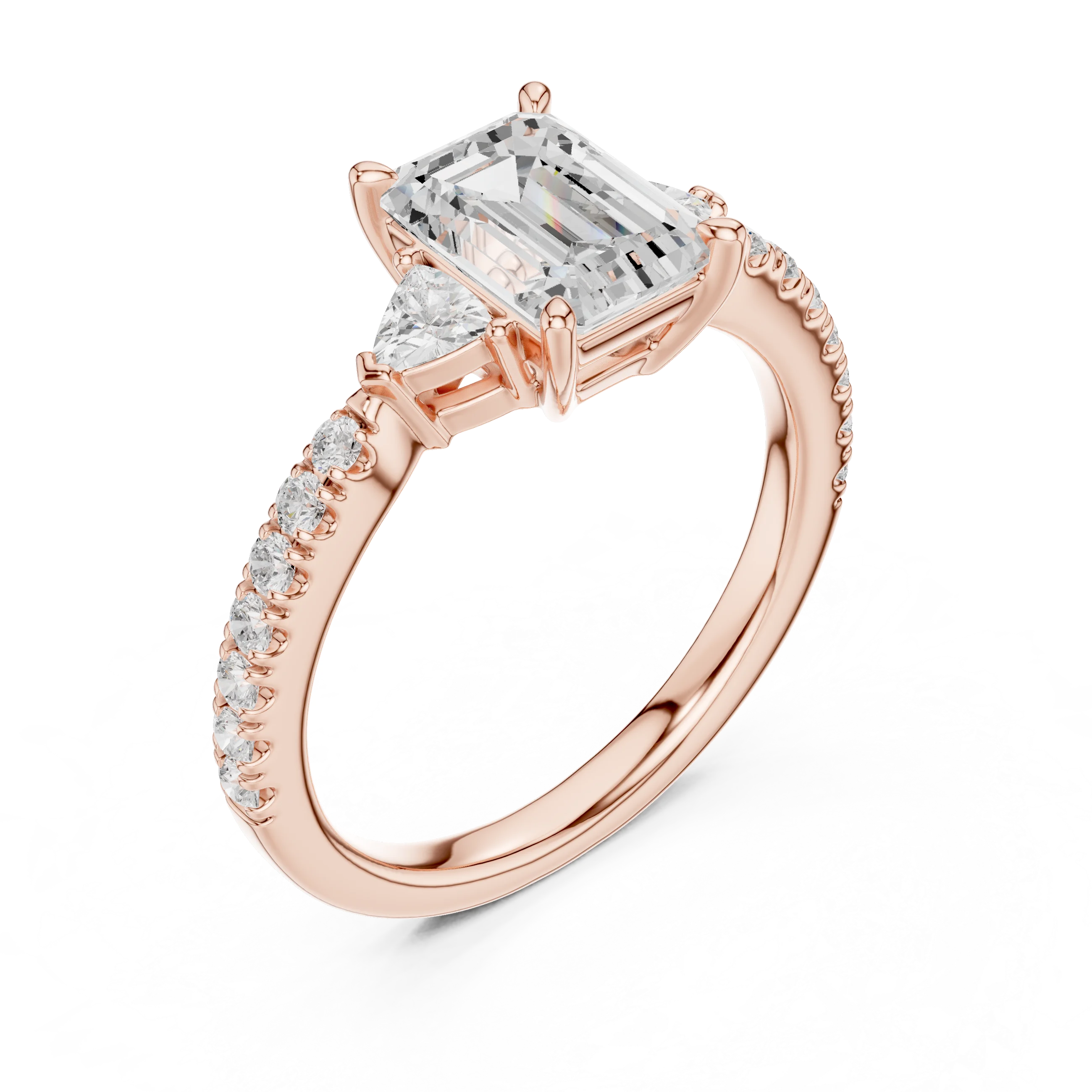 Emerald Cut Diamond Three-Stone Engagement Ring with Pave Band