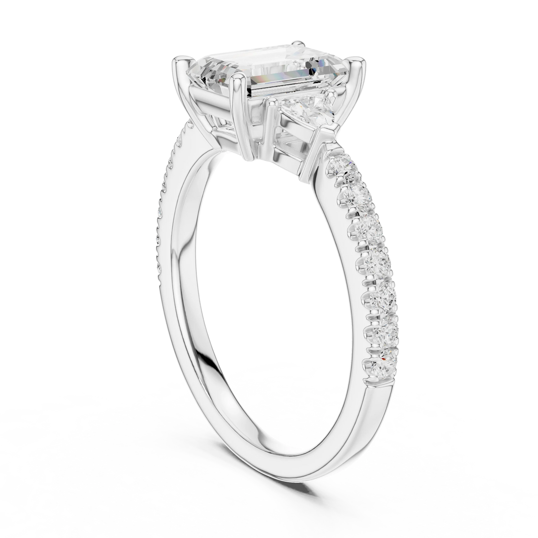 Emerald Cut Diamond Three-Stone Engagement Ring with Pave Band